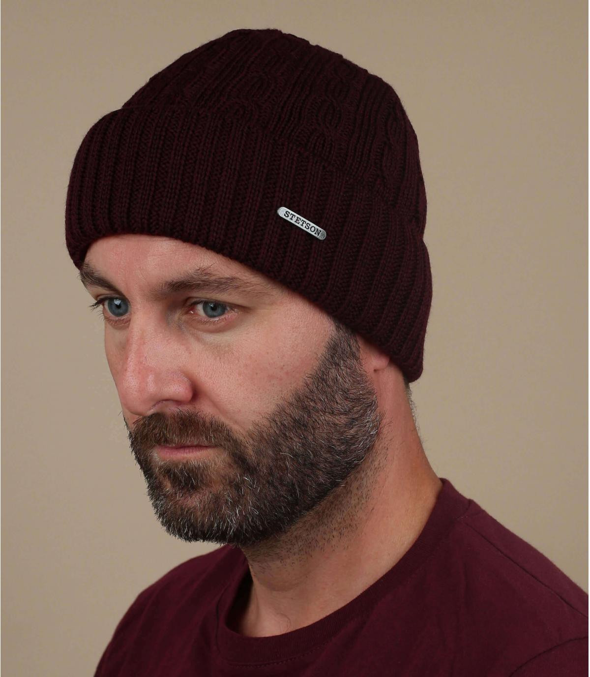 Mütze Revers bordeaux Wolle Beanie Wool burgundy